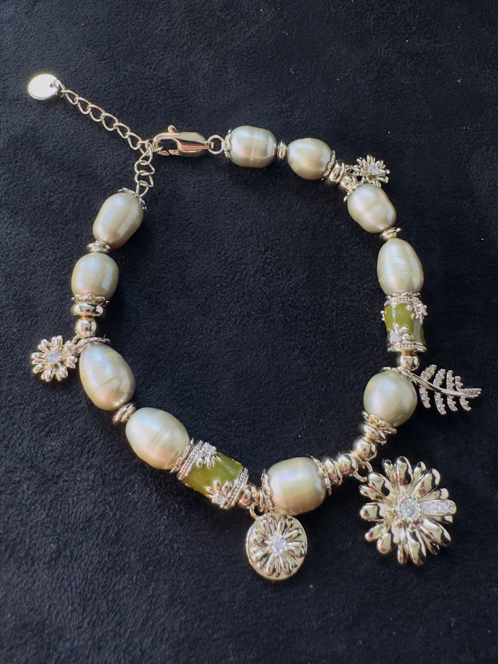Pearl and Green Bead Charm Bracelet - Women